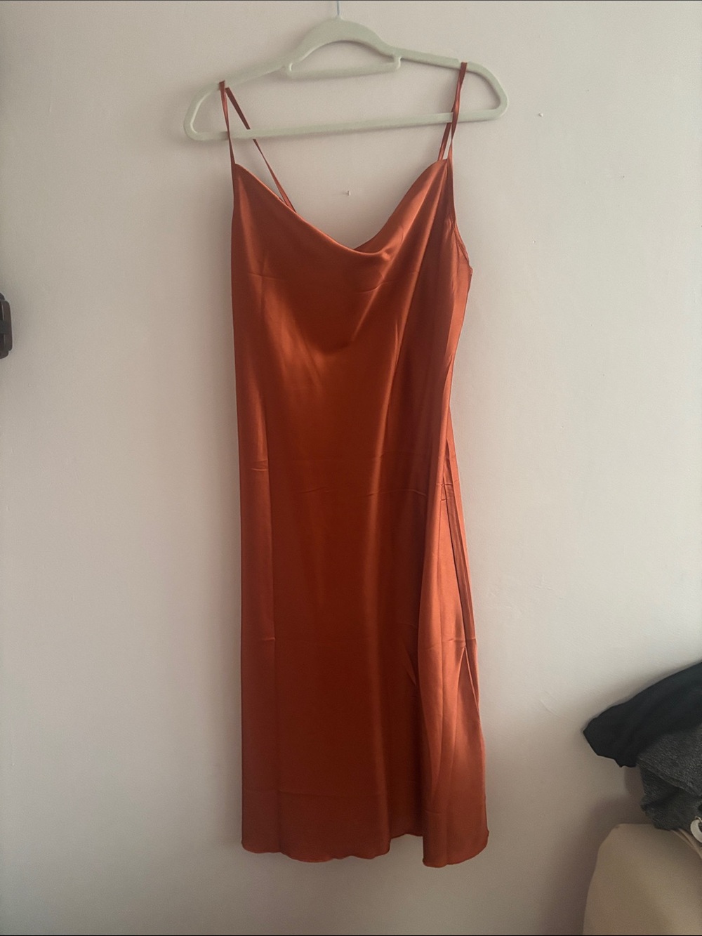 Satin Cowl Midi Slip Dress — Rust